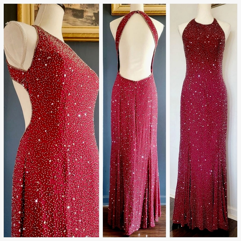 SCALA Long Red Beaded‎ 100% Silk Formal Evening Ball Gown Prom Dress Black Tie